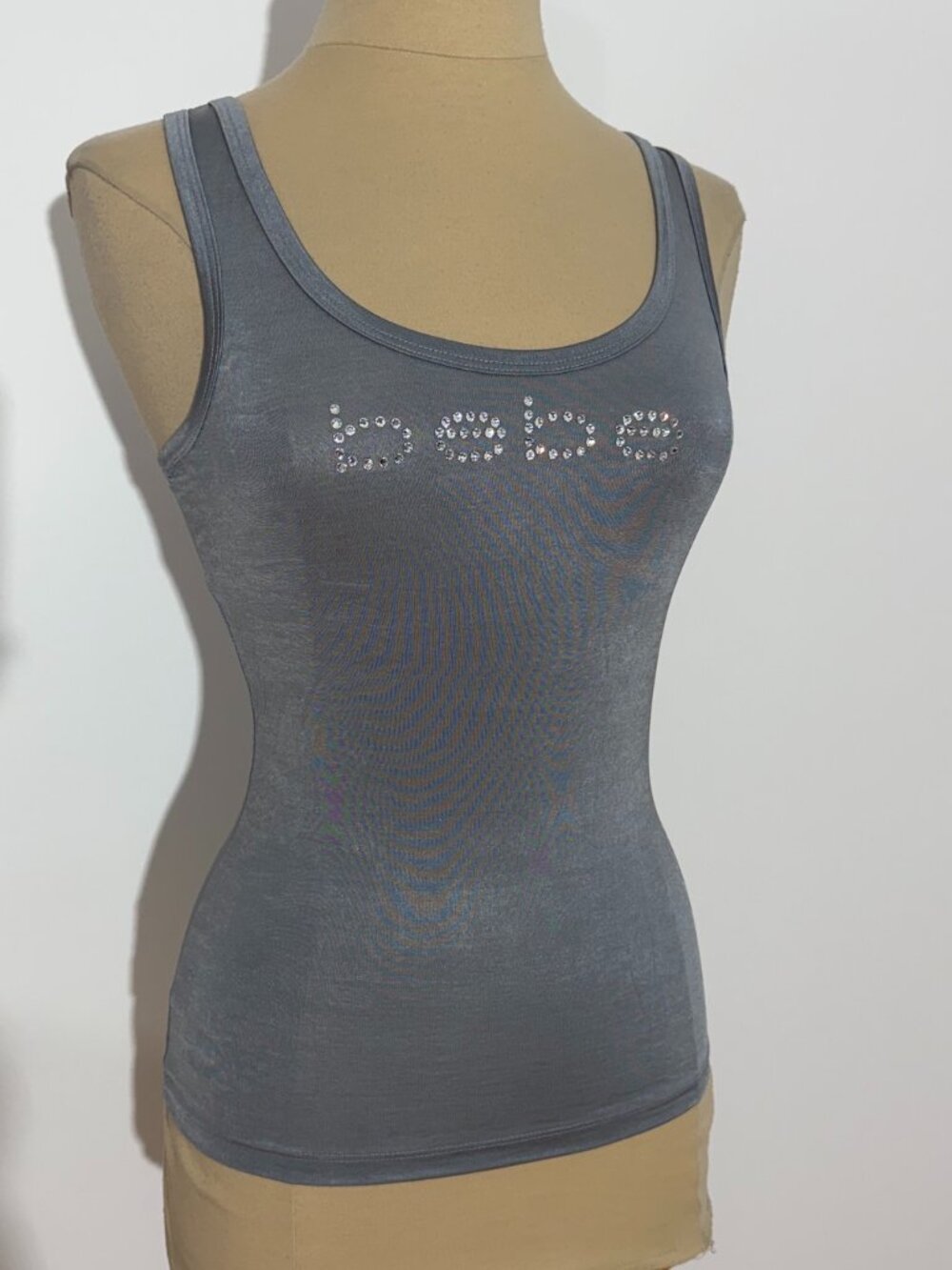 bebe Y2K Pearl Grey Rhinestone Logo Bodycon Tank Top